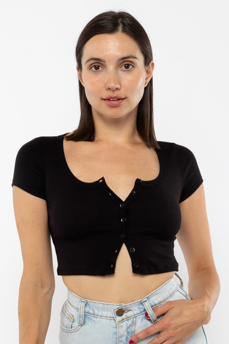 43025 - Baby Rib Short Sleeve Button Up Crop Top