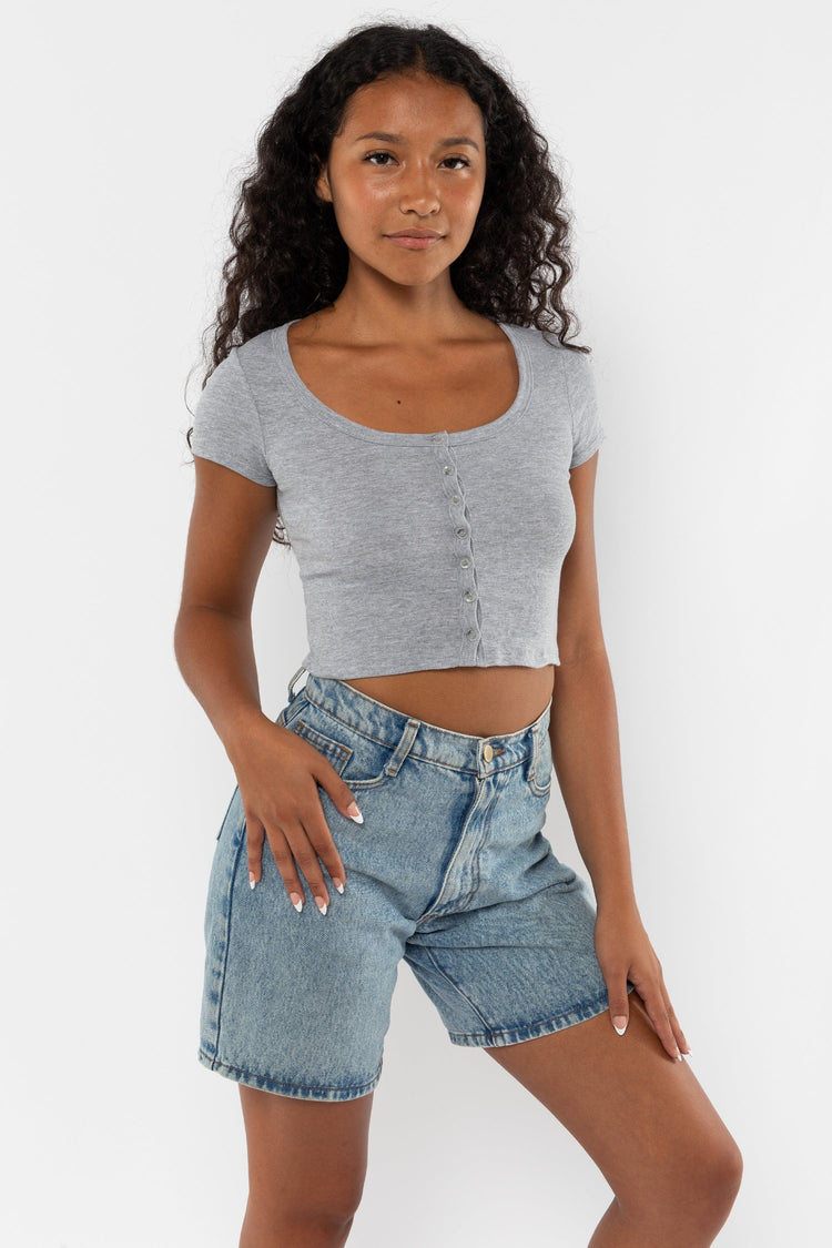 43025 - Baby Rib Short Sleeve Button Up Crop Top