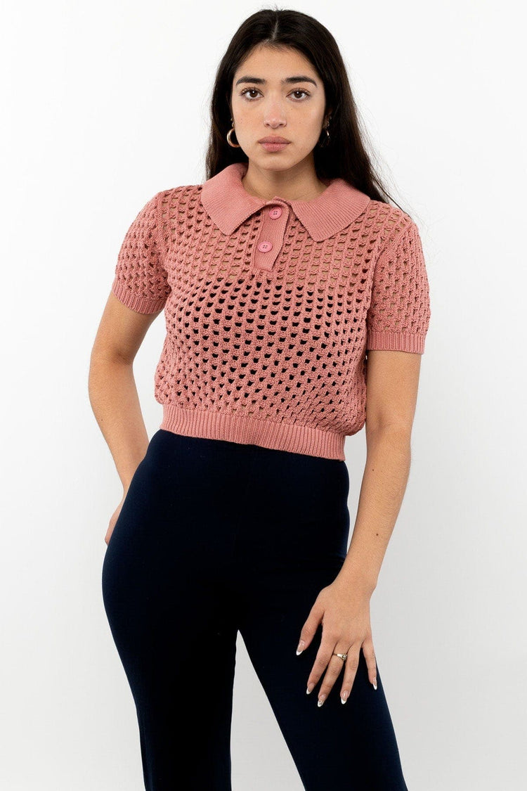RFK54 - Mesh Knit Cropped Polo Sweater