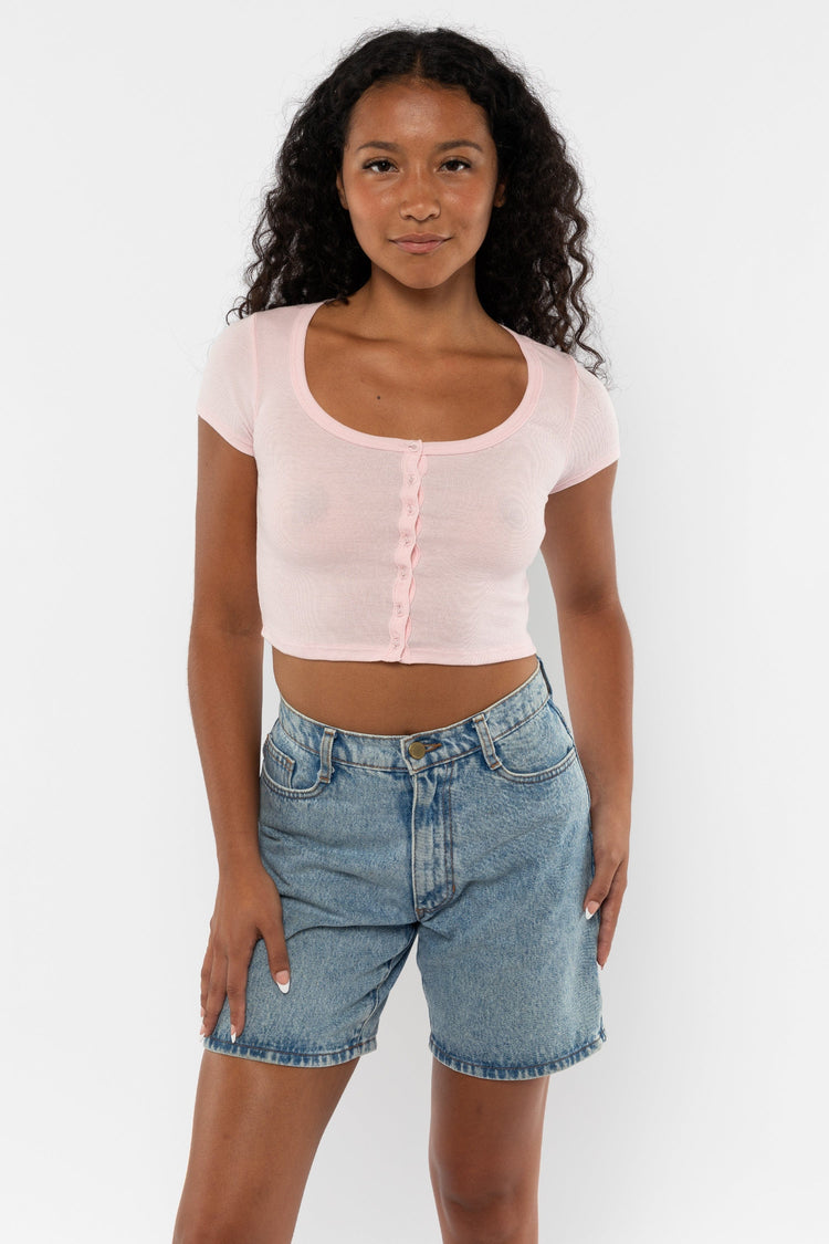 43025 - Baby Rib Short Sleeve Button Up Crop Top