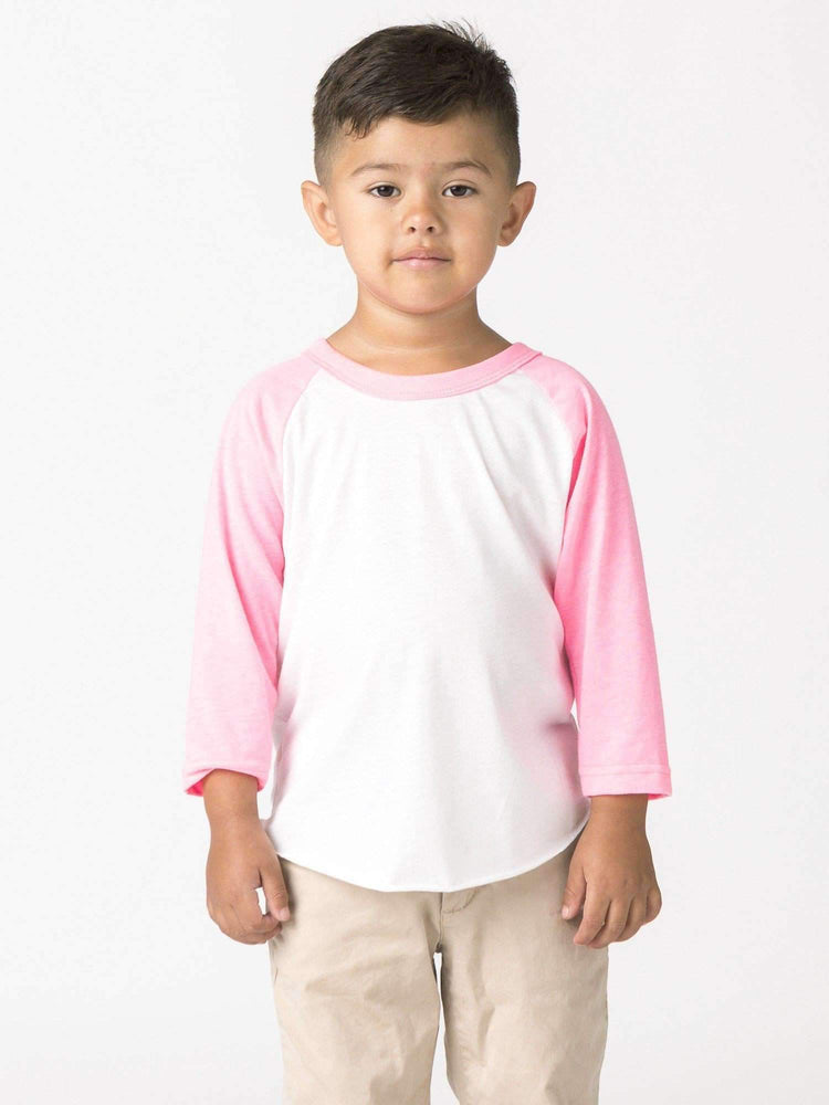FF1053 - Toddler 3/4 Sleeve Poly Cotton Raglan Kids Los Angeles Apparel White/Neon Heather Pink 2 