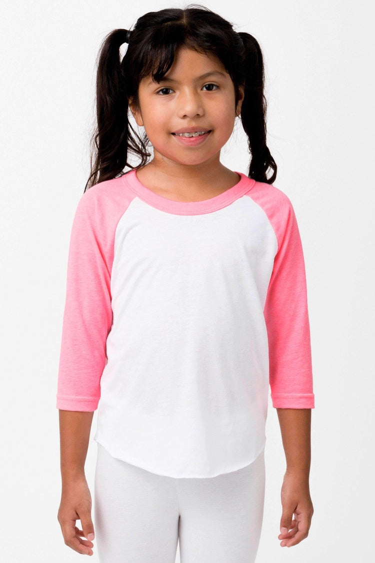 FF2053 - Youth 3/4 Sleeve Poly Cotton Raglan Kids Los Angeles Apparel White/Neon Heather Pink 8 
