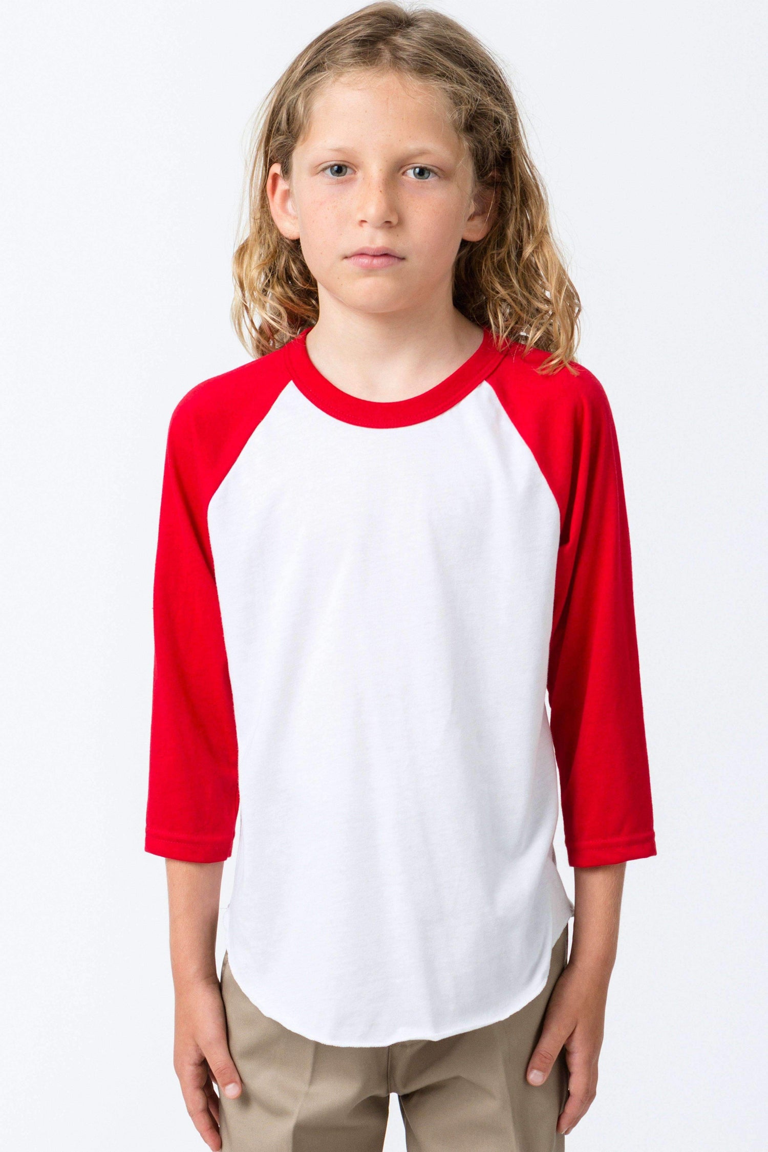 FF2053 - Youth 3/4 Sleeve Poly Cotton Raglan Kids Los Angeles Apparel White/Red 8 